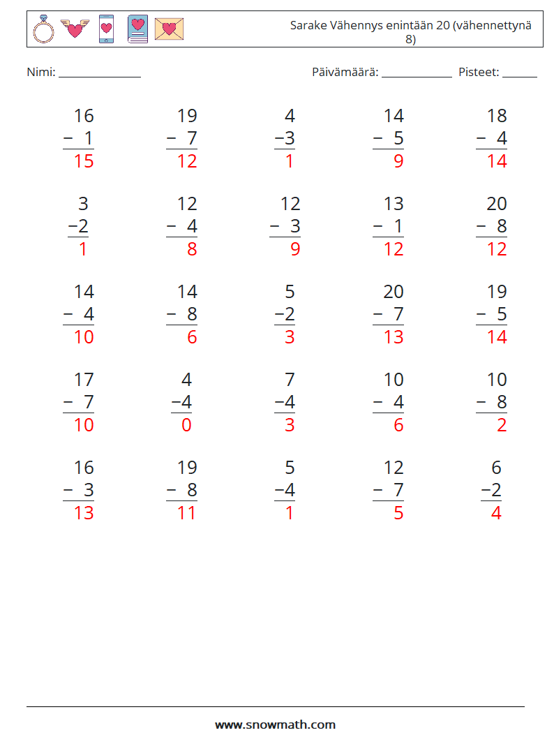 (25) Sarake Vähennys enintään 20 (vähennettynä 8) Matematiikan laskentataulukot 14 Kysymys, vastaus