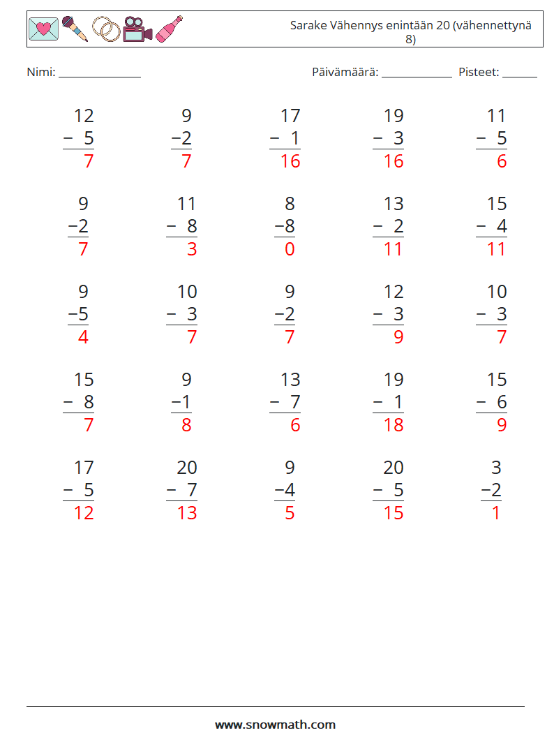 (25) Sarake Vähennys enintään 20 (vähennettynä 8) Matematiikan laskentataulukot 15 Kysymys, vastaus