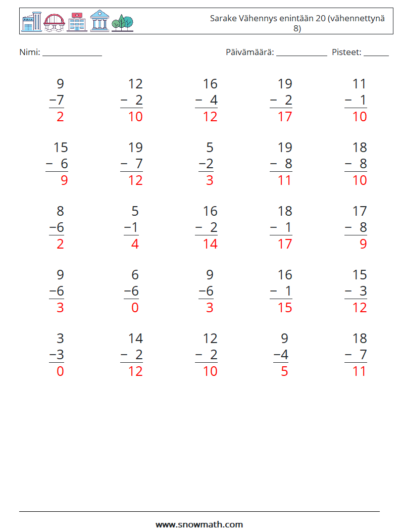 (25) Sarake Vähennys enintään 20 (vähennettynä 8) Matematiikan laskentataulukot 16 Kysymys, vastaus