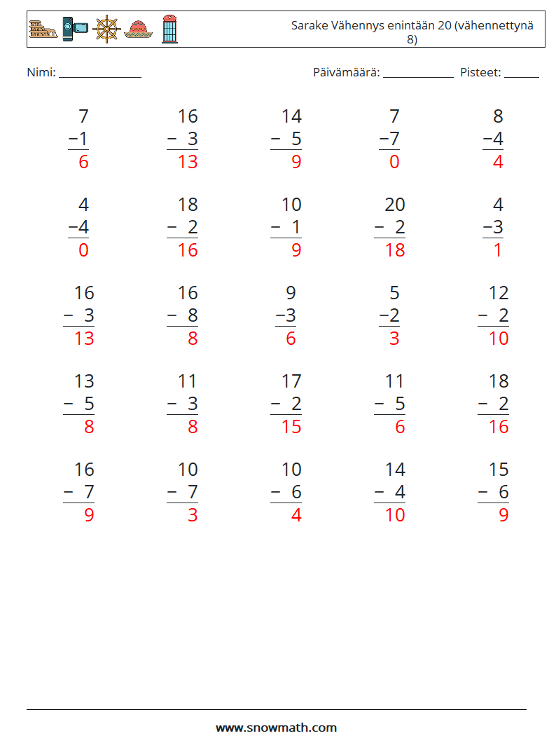 (25) Sarake Vähennys enintään 20 (vähennettynä 8) Matematiikan laskentataulukot 17 Kysymys, vastaus