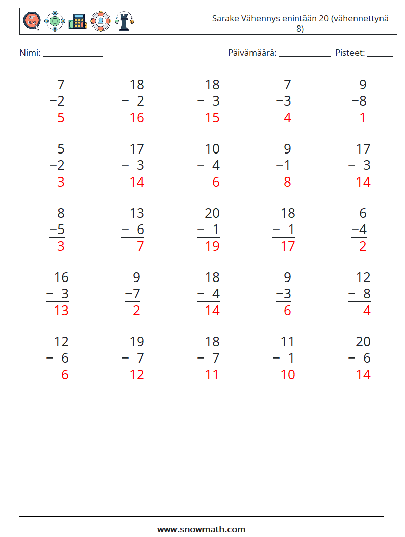 (25) Sarake Vähennys enintään 20 (vähennettynä 8) Matematiikan laskentataulukot 18 Kysymys, vastaus