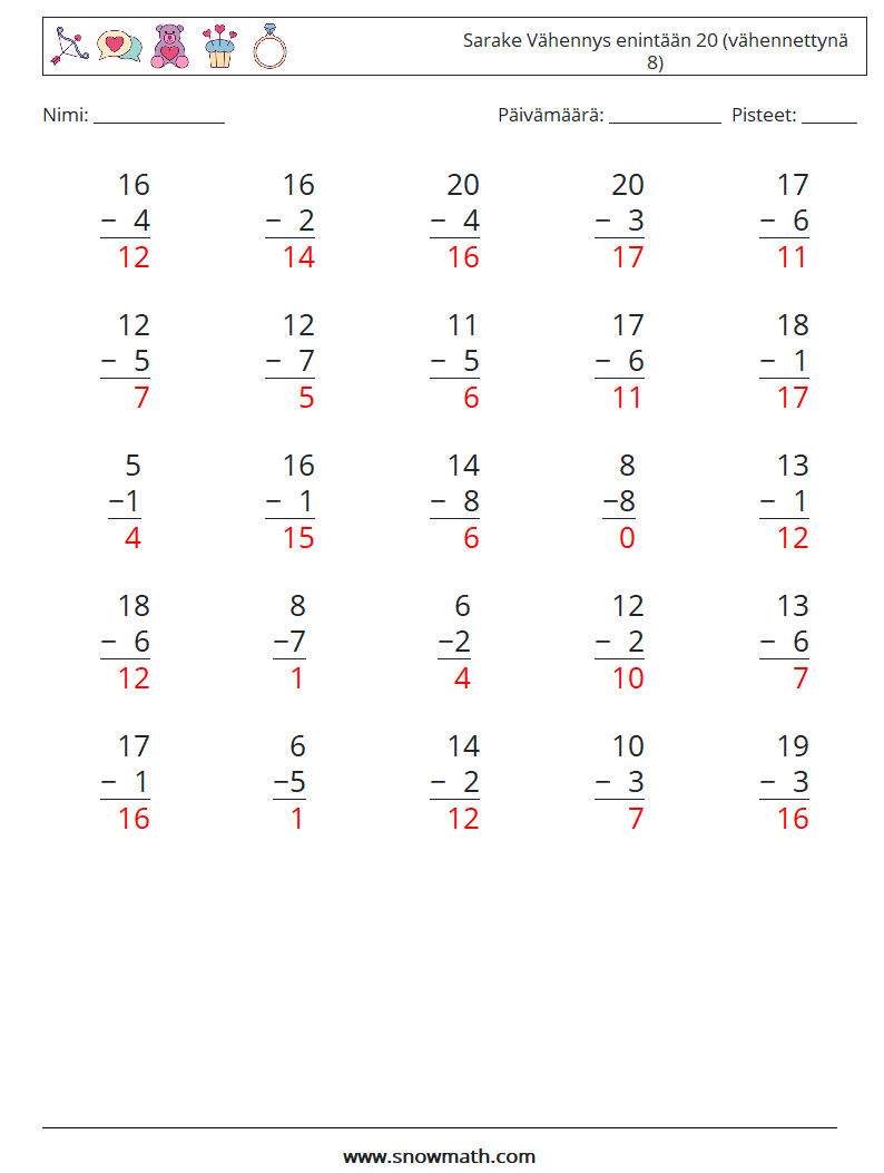 (25) Sarake Vähennys enintään 20 (vähennettynä 8) Matematiikan laskentataulukot 1 Kysymys, vastaus