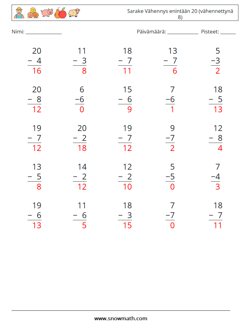 (25) Sarake Vähennys enintään 20 (vähennettynä 8) Matematiikan laskentataulukot 2 Kysymys, vastaus