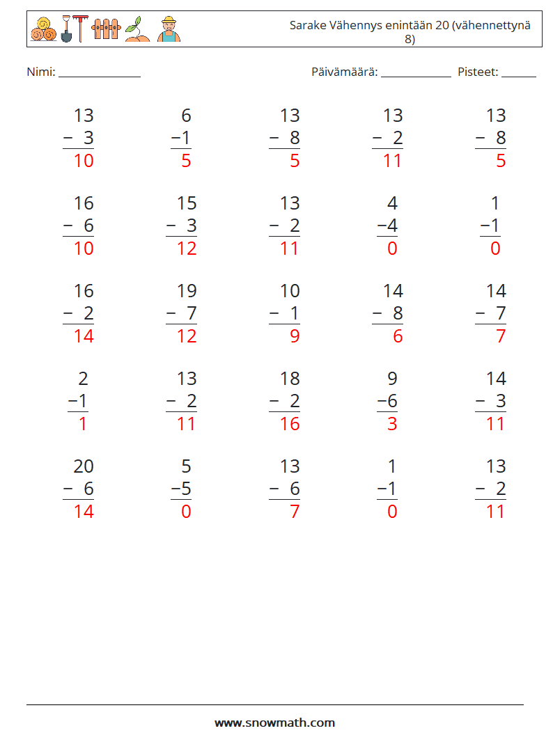 (25) Sarake Vähennys enintään 20 (vähennettynä 8) Matematiikan laskentataulukot 4 Kysymys, vastaus