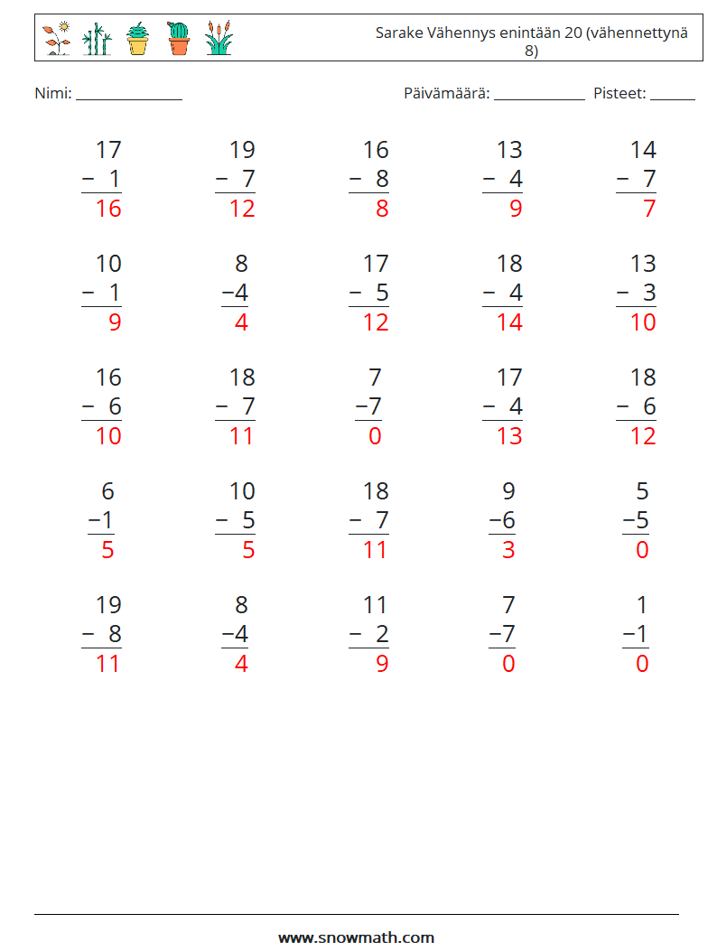 (25) Sarake Vähennys enintään 20 (vähennettynä 8) Matematiikan laskentataulukot 5 Kysymys, vastaus