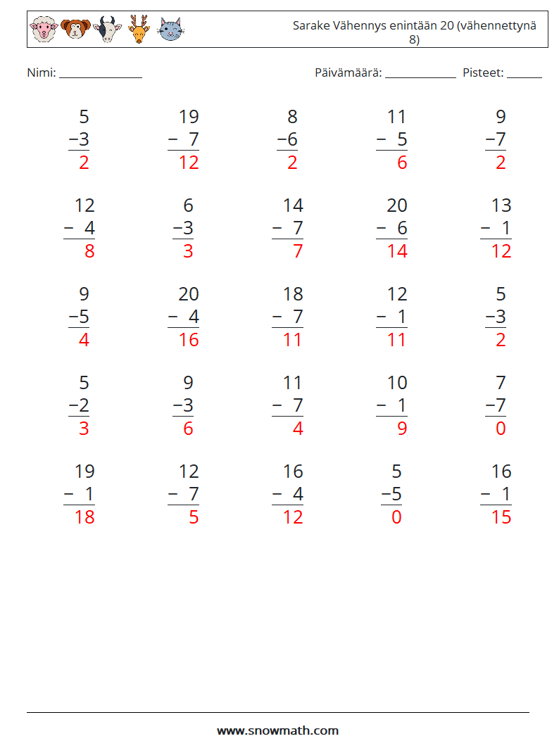 (25) Sarake Vähennys enintään 20 (vähennettynä 8) Matematiikan laskentataulukot 8 Kysymys, vastaus