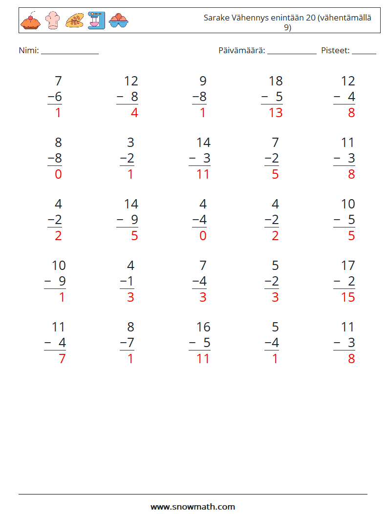 (25) Sarake Vähennys enintään 20 (vähentämällä 9) Matematiikan laskentataulukot 18 Kysymys, vastaus