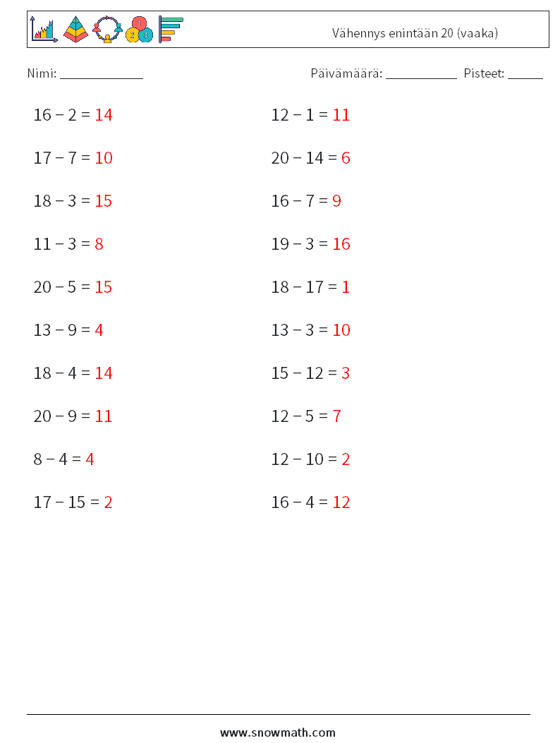 (20) Vähennys enintään 20 (vaaka) Matematiikan laskentataulukot 1 Kysymys, vastaus