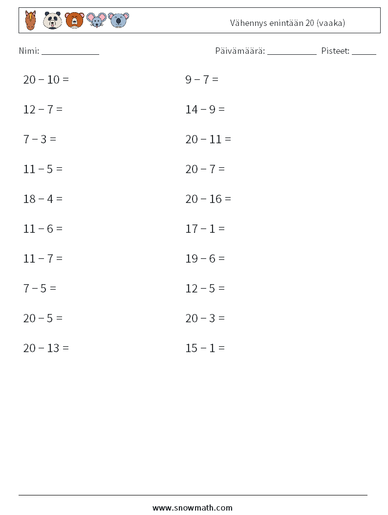 (20) Vähennys enintään 20 (vaaka) Matematiikan laskentataulukot 2