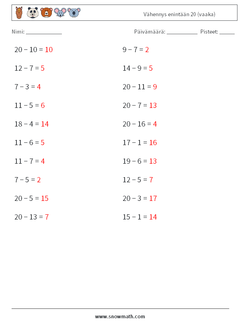 (20) Vähennys enintään 20 (vaaka) Matematiikan laskentataulukot 2 Kysymys, vastaus