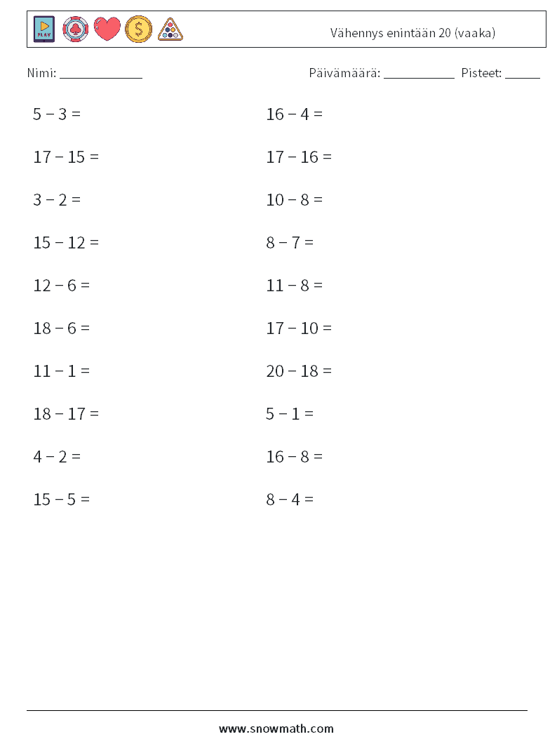 (20) Vähennys enintään 20 (vaaka) Matematiikan laskentataulukot 3