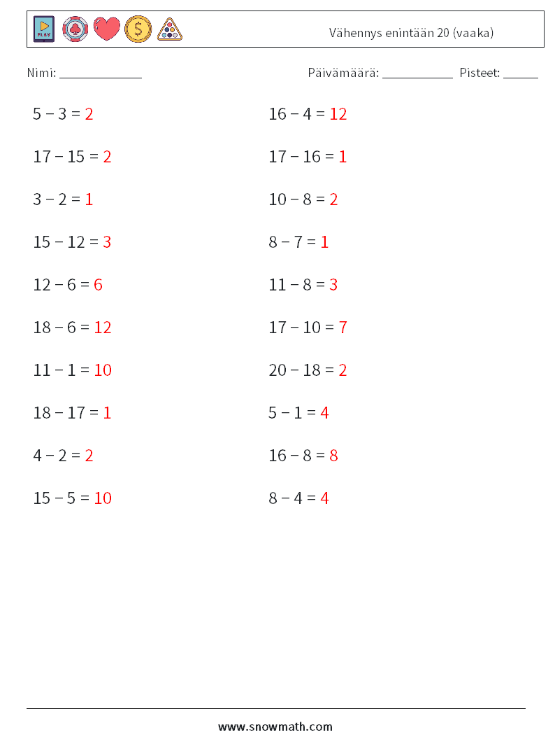 (20) Vähennys enintään 20 (vaaka) Matematiikan laskentataulukot 3 Kysymys, vastaus