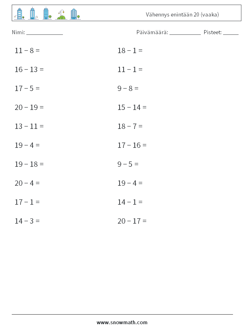 (20) Vähennys enintään 20 (vaaka) Matematiikan laskentataulukot 5
