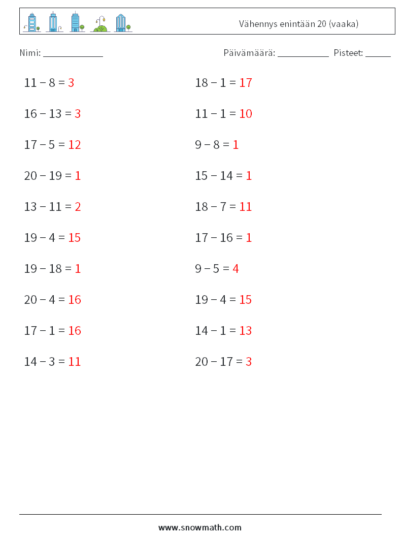 (20) Vähennys enintään 20 (vaaka) Matematiikan laskentataulukot 5 Kysymys, vastaus