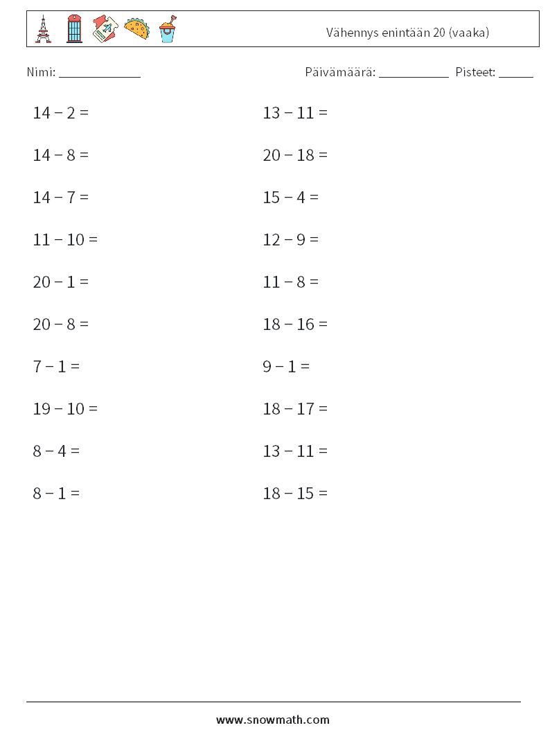 (20) Vähennys enintään 20 (vaaka) Matematiikan laskentataulukot 6