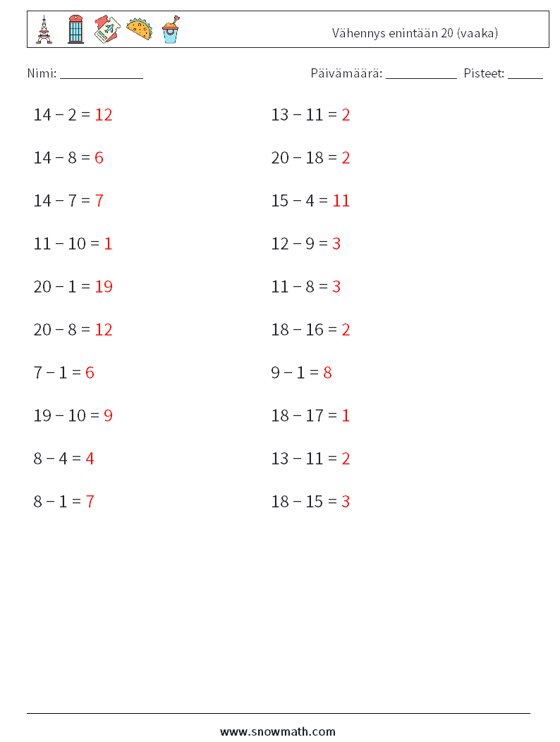 (20) Vähennys enintään 20 (vaaka) Matematiikan laskentataulukot 6 Kysymys, vastaus
