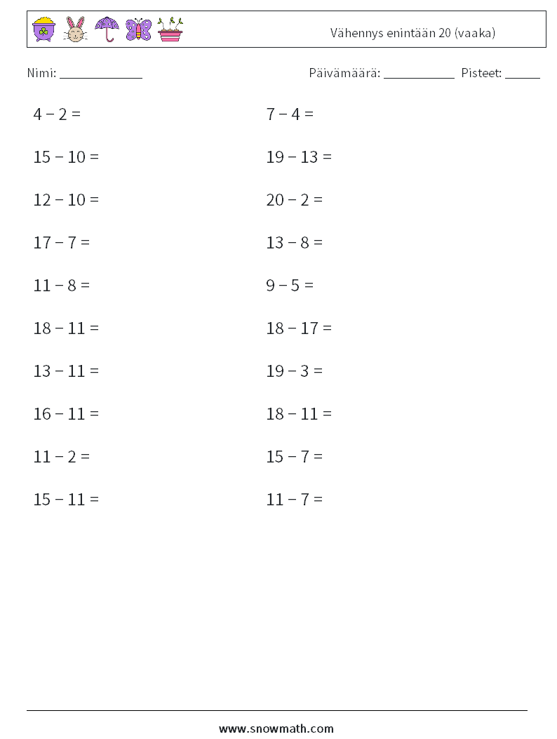 (20) Vähennys enintään 20 (vaaka) Matematiikan laskentataulukot 7