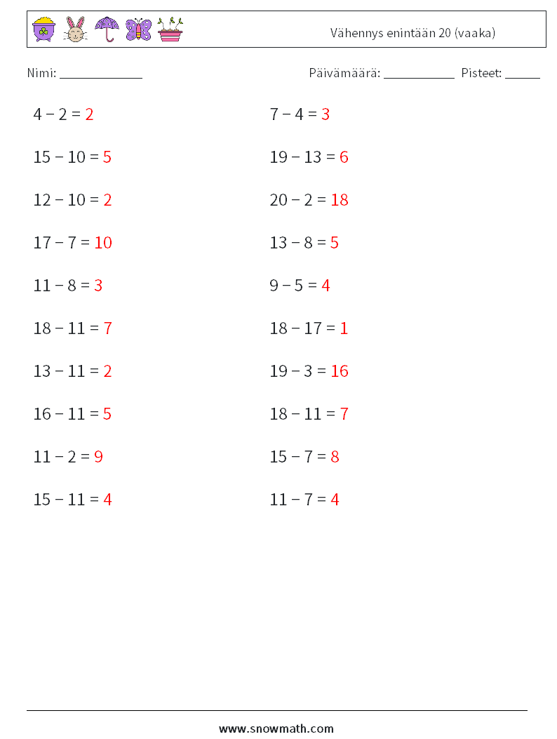 (20) Vähennys enintään 20 (vaaka) Matematiikan laskentataulukot 7 Kysymys, vastaus