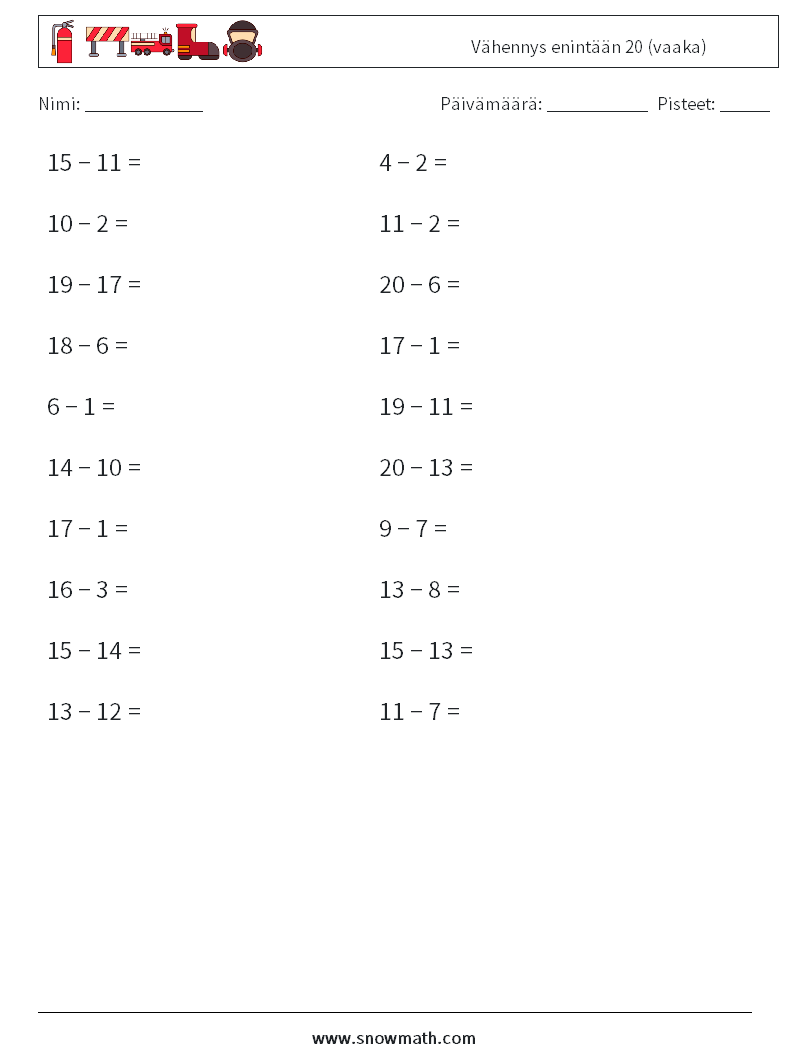 (20) Vähennys enintään 20 (vaaka) Matematiikan laskentataulukot 8
