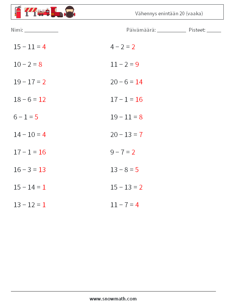 (20) Vähennys enintään 20 (vaaka) Matematiikan laskentataulukot 8 Kysymys, vastaus