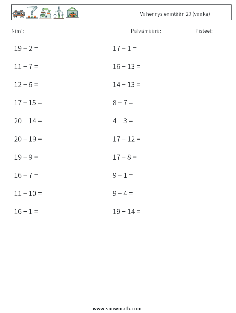 (20) Vähennys enintään 20 (vaaka) Matematiikan laskentataulukot 9