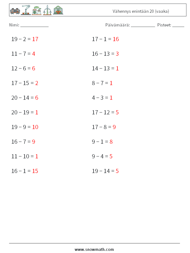 (20) Vähennys enintään 20 (vaaka) Matematiikan laskentataulukot 9 Kysymys, vastaus