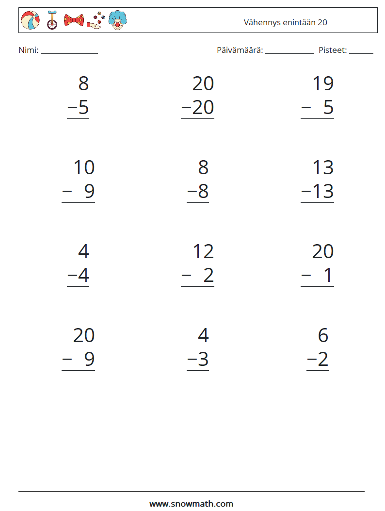 (12) Vähennys enintään 20 Matematiikan laskentataulukot 10