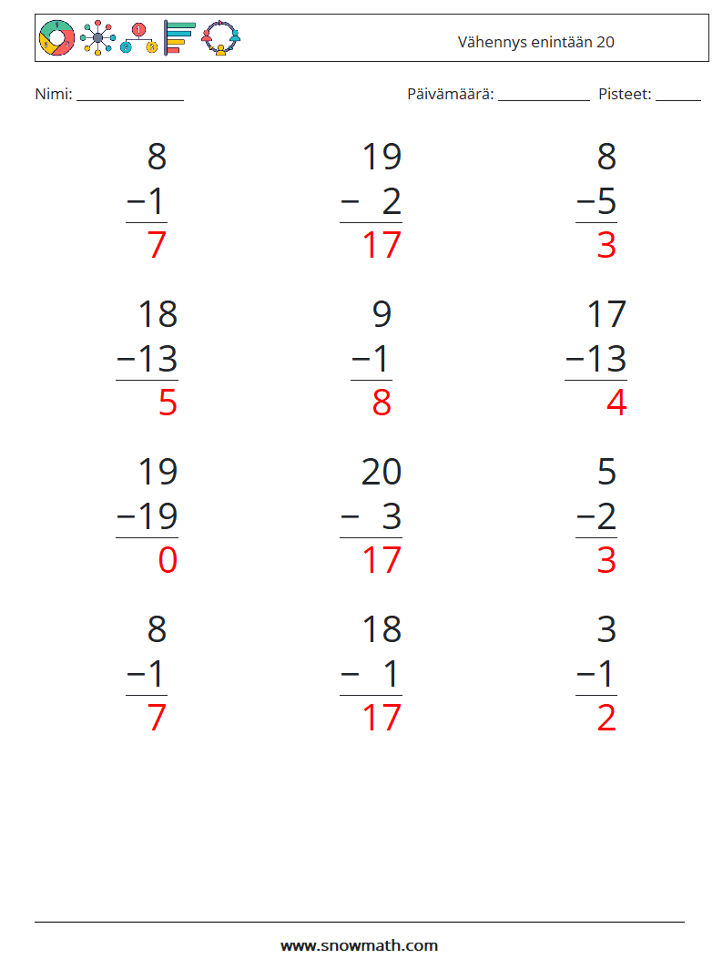 (12) Vähennys enintään 20 Matematiikan laskentataulukot 11 Kysymys, vastaus