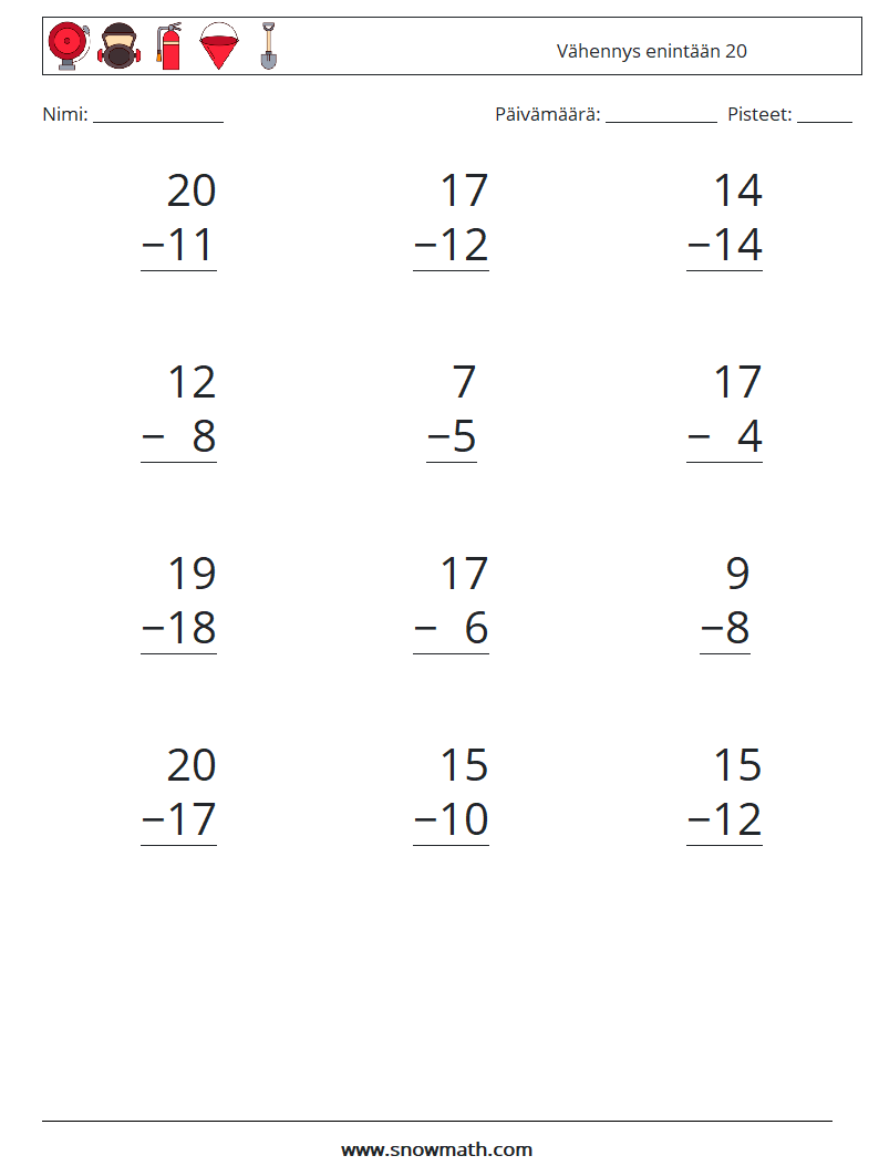 (12) Vähennys enintään 20 Matematiikan laskentataulukot 12