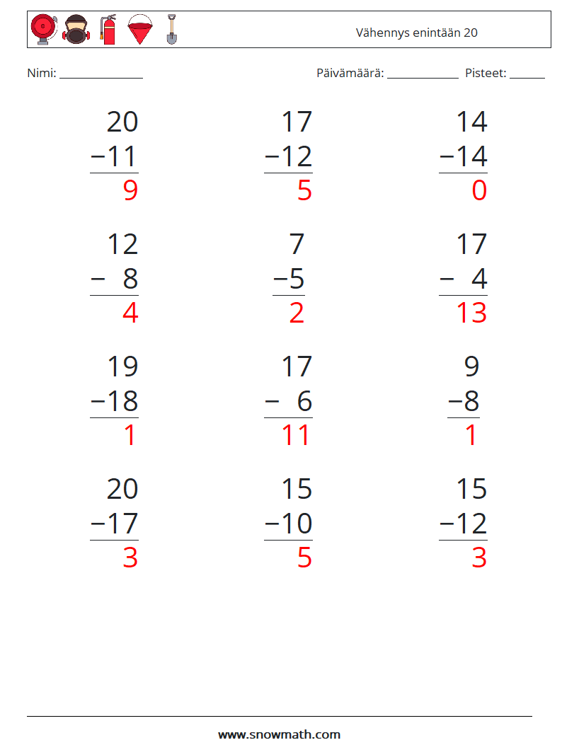 (12) Vähennys enintään 20 Matematiikan laskentataulukot 12 Kysymys, vastaus