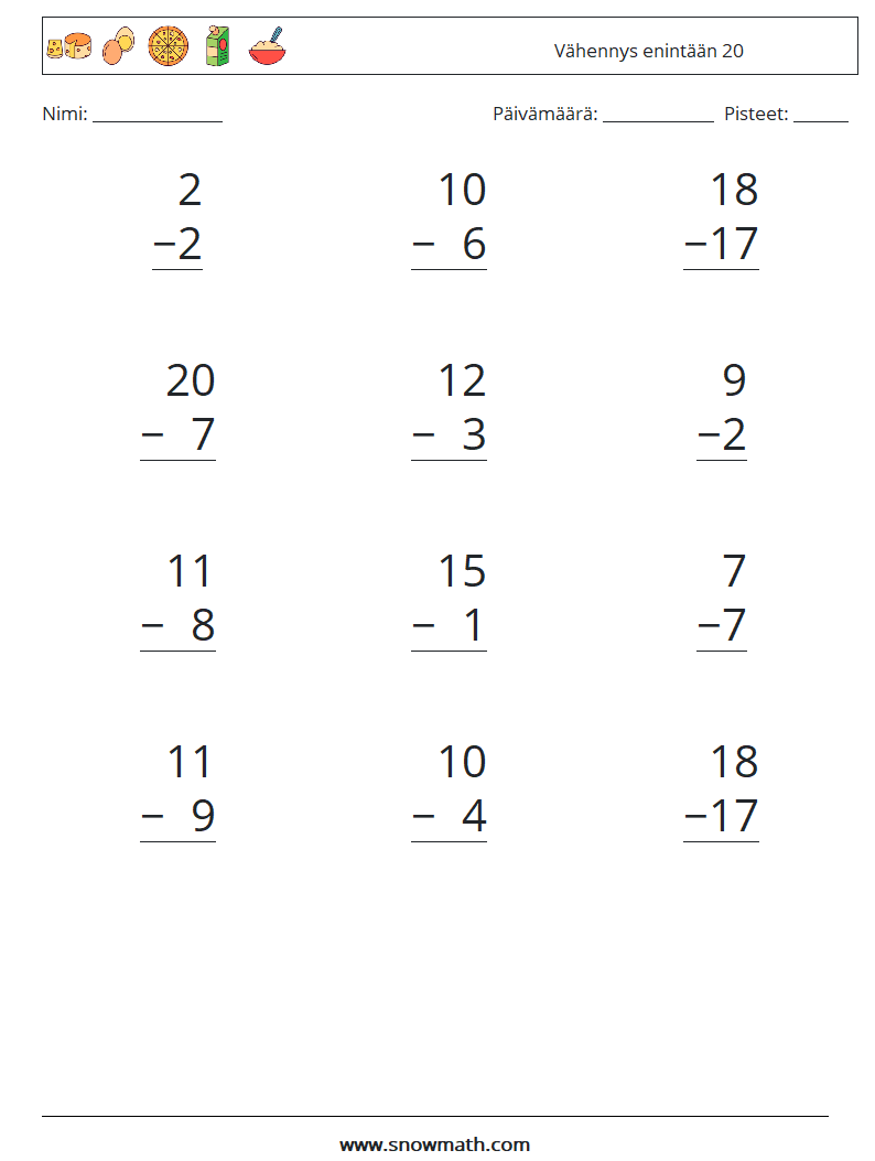 (12) Vähennys enintään 20 Matematiikan laskentataulukot 13
