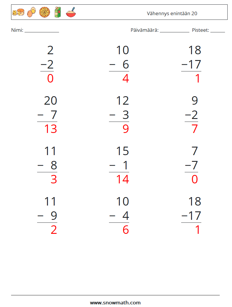 (12) Vähennys enintään 20 Matematiikan laskentataulukot 13 Kysymys, vastaus