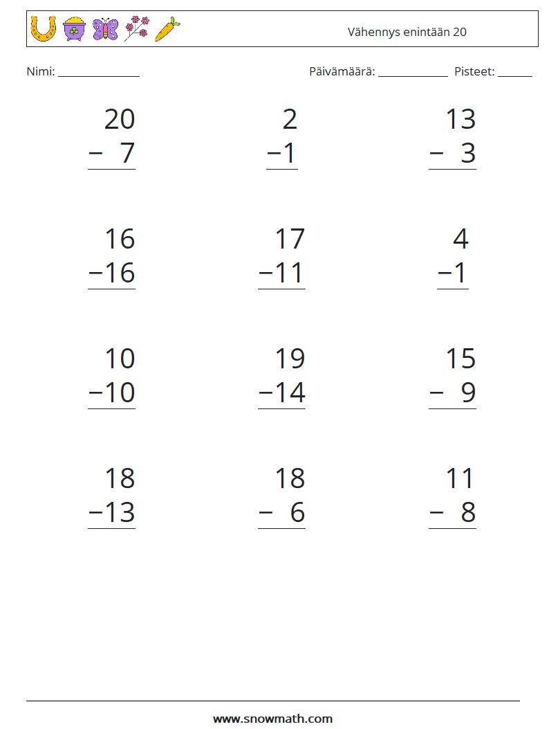 (12) Vähennys enintään 20 Matematiikan laskentataulukot 16