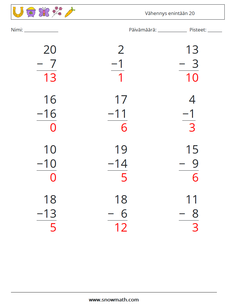 (12) Vähennys enintään 20 Matematiikan laskentataulukot 16 Kysymys, vastaus