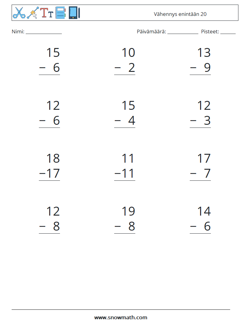 (12) Vähennys enintään 20 Matematiikan laskentataulukot 17