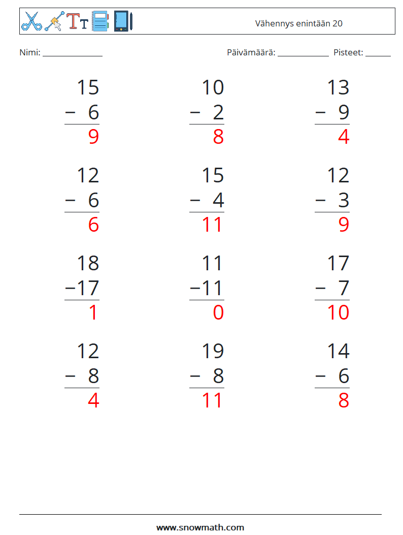 (12) Vähennys enintään 20 Matematiikan laskentataulukot 17 Kysymys, vastaus