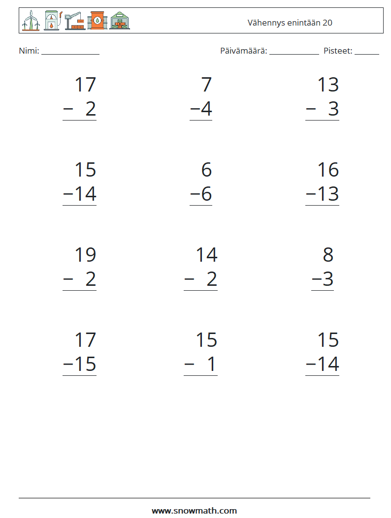 (12) Vähennys enintään 20 Matematiikan laskentataulukot 18