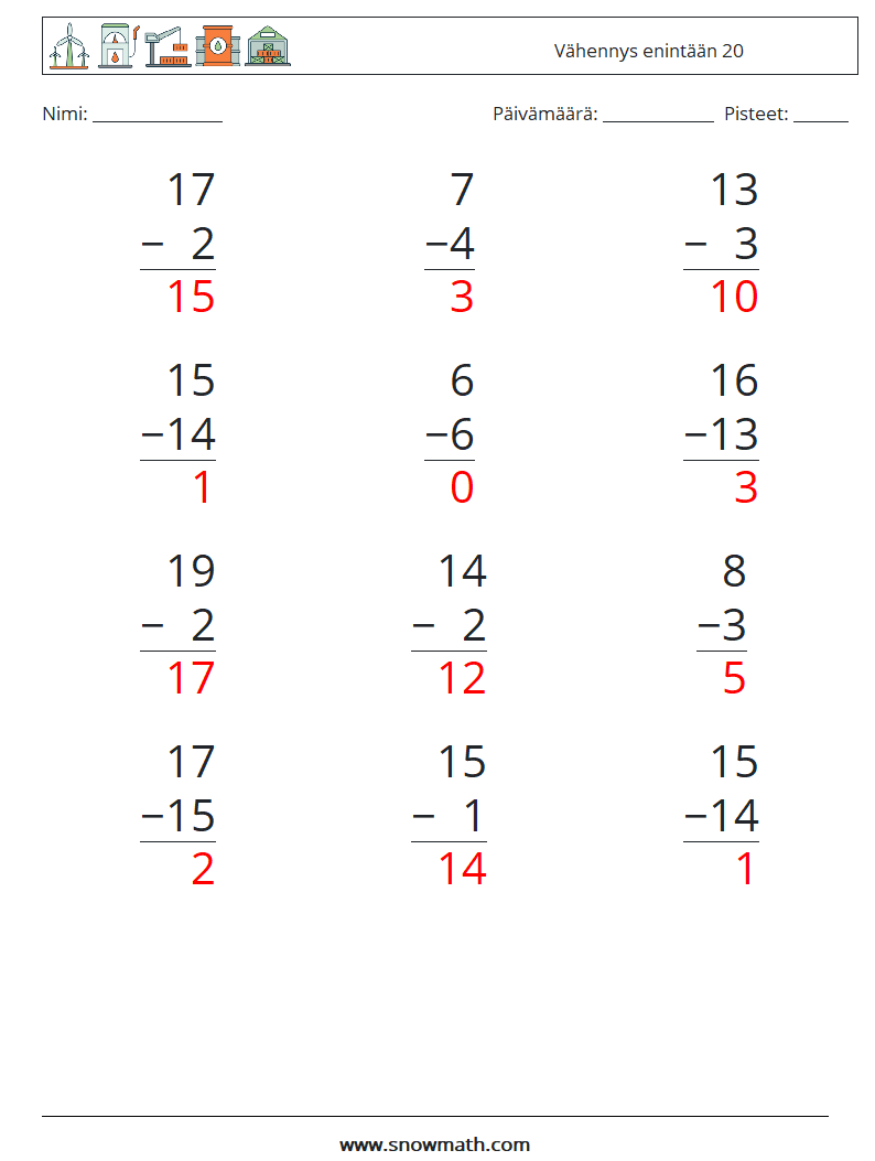 (12) Vähennys enintään 20 Matematiikan laskentataulukot 18 Kysymys, vastaus
