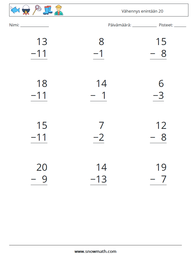 (12) Vähennys enintään 20 Matematiikan laskentataulukot 2