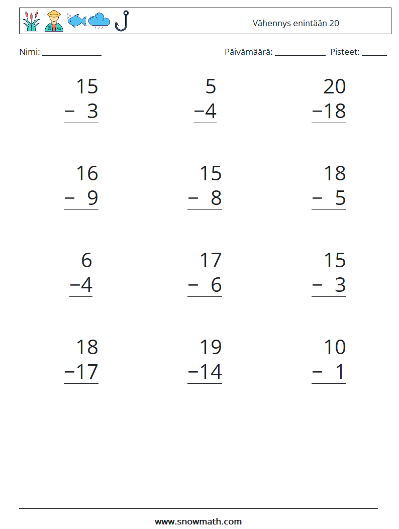 (12) Vähennys enintään 20 Matematiikan laskentataulukot 3