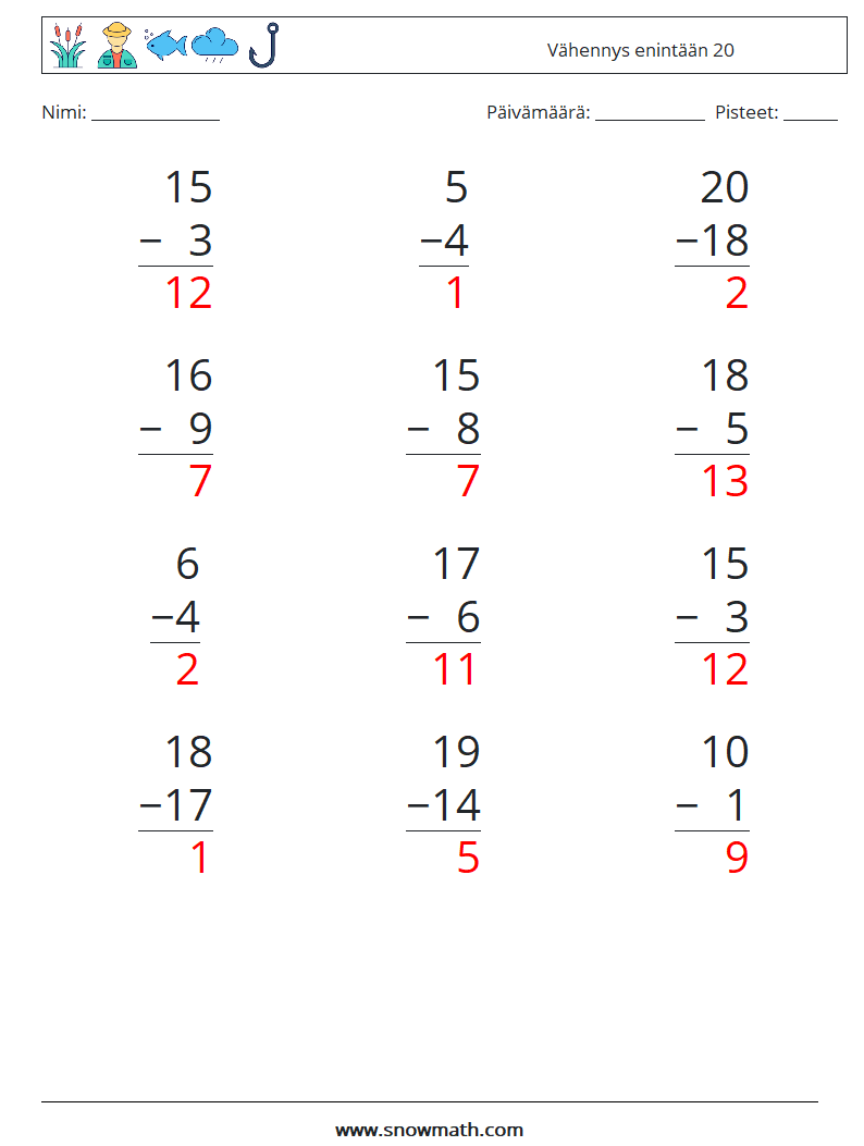 (12) Vähennys enintään 20 Matematiikan laskentataulukot 3 Kysymys, vastaus