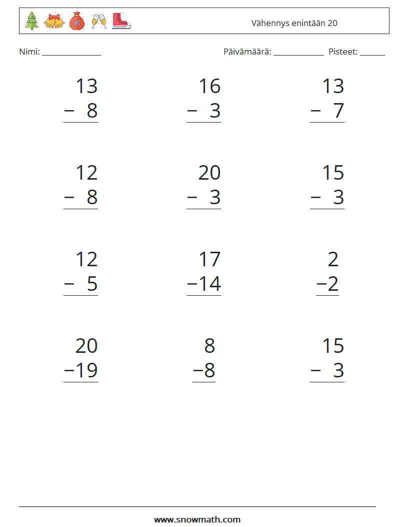 (12) Vähennys enintään 20 Matematiikan laskentataulukot 5