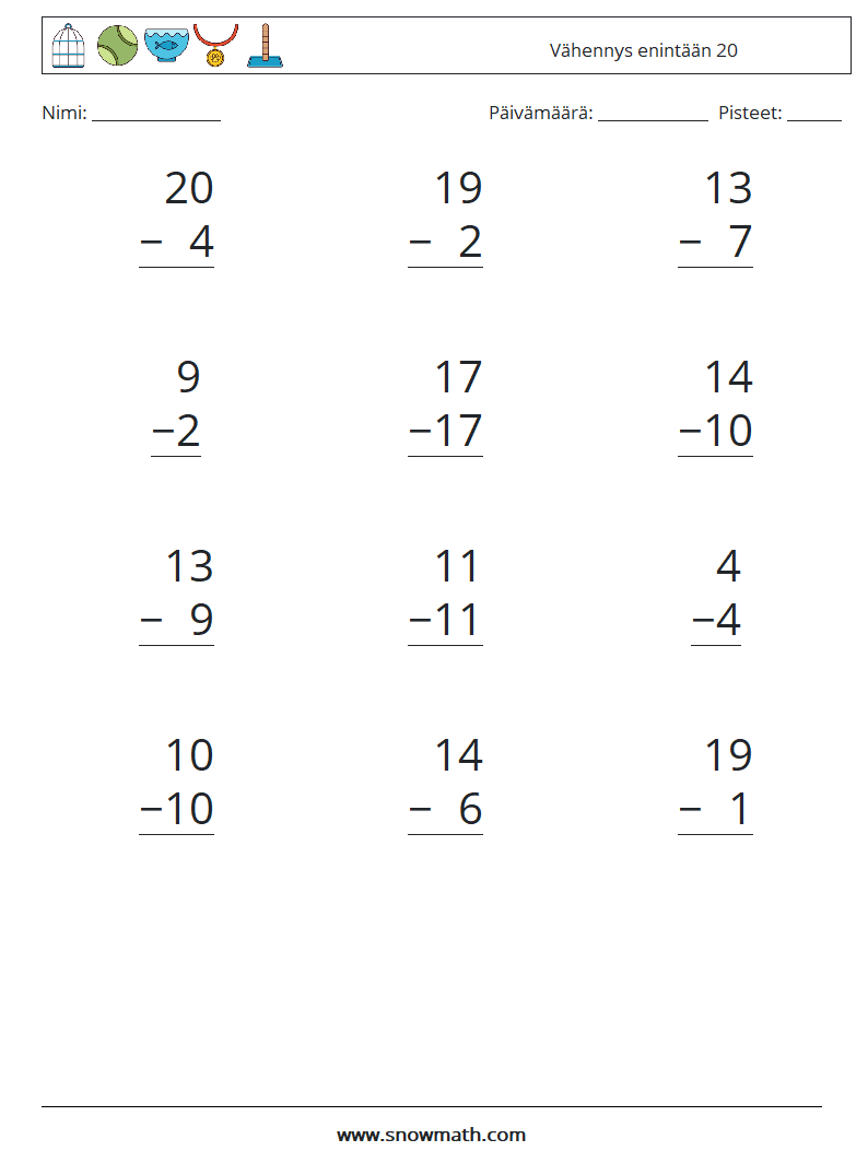 (12) Vähennys enintään 20 Matematiikan laskentataulukot 8