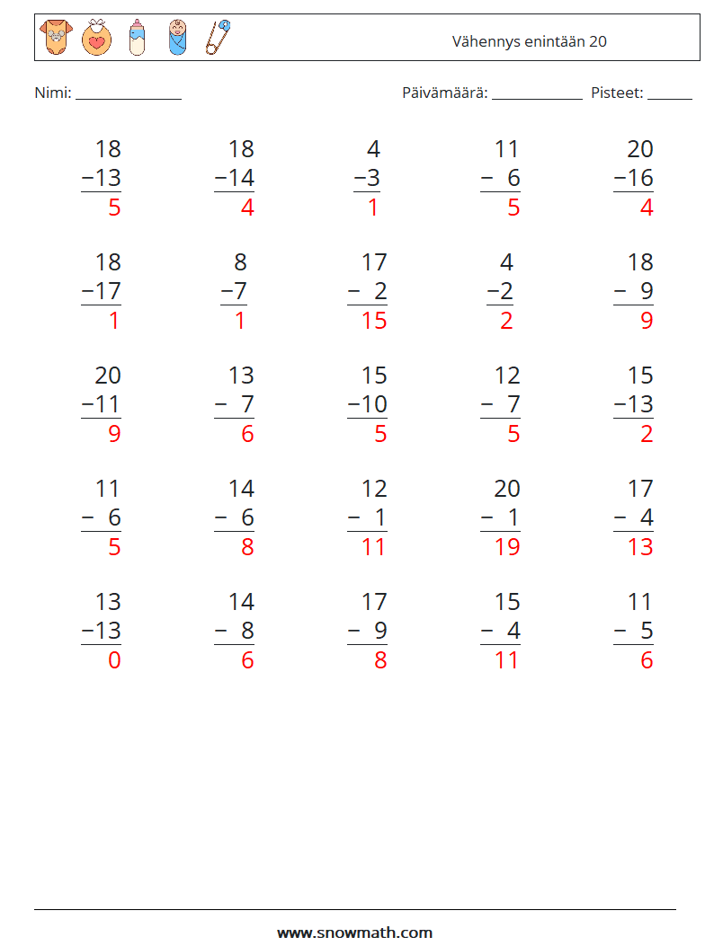 (25) Vähennys enintään 20 Matematiikan laskentataulukot 13 Kysymys, vastaus