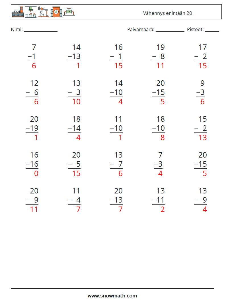 (25) Vähennys enintään 20 Matematiikan laskentataulukot 15 Kysymys, vastaus