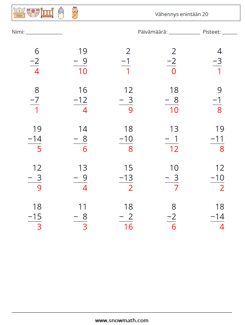 (25) Vähennys enintään 20 Matematiikan laskentataulukot 17 Kysymys, vastaus