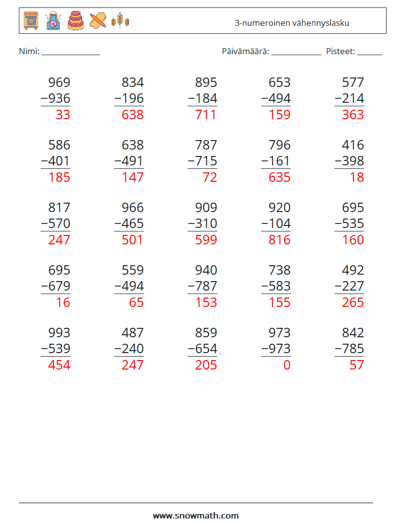 (25) 3-numeroinen vähennyslasku Matematiikan laskentataulukot 13 Kysymys, vastaus