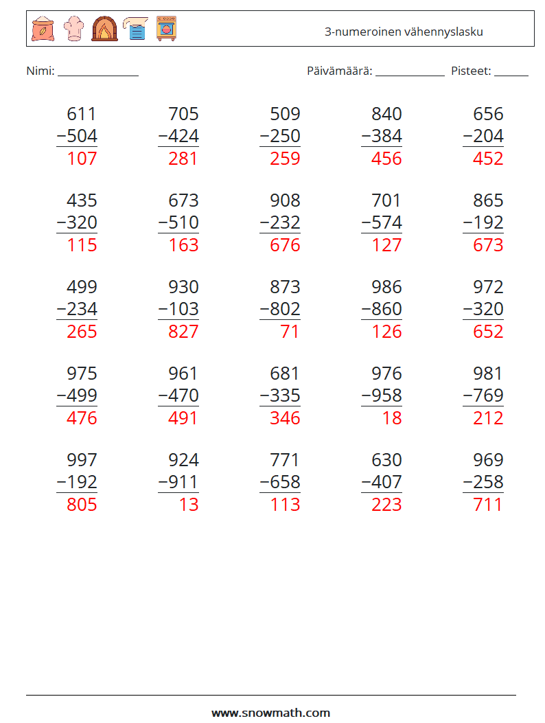 (25) 3-numeroinen vähennyslasku Matematiikan laskentataulukot 14 Kysymys, vastaus