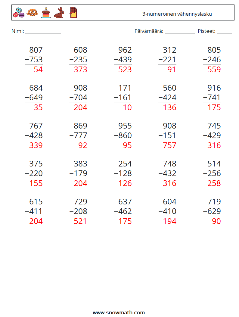 (25) 3-numeroinen vähennyslasku Matematiikan laskentataulukot 17 Kysymys, vastaus