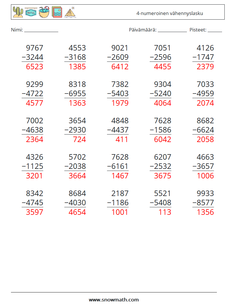 (25) 4-numeroinen vähennyslasku Matematiikan laskentataulukot 11 Kysymys, vastaus